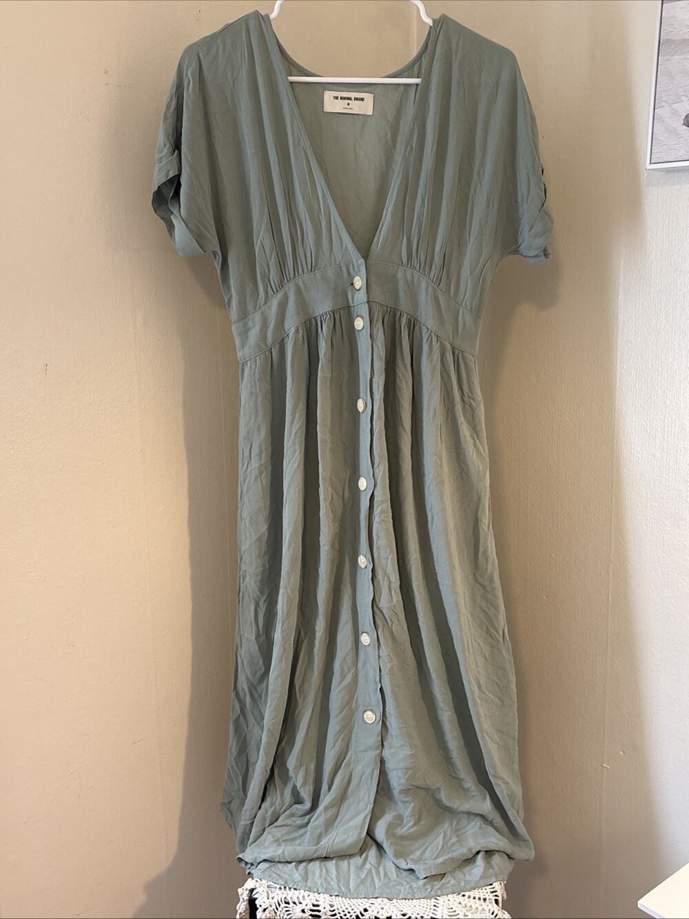 The Normal Brand Deep V Button Through Dress Womens Medium Sage Green